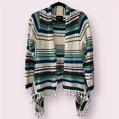 Anthropologie La Fee Verte Open Multi Stripe Fringed Knit Cardigan Size L • $15.75