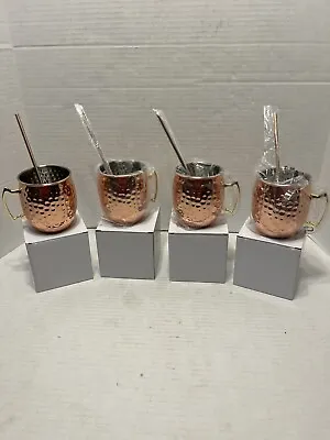 4 Pure Copper Moscow Mule Mug Set Drinking Cups Nordic Style 19 Oz W/Brass Straw • $30