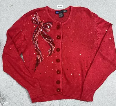 Vintage 1991 I.B. Diffusion Red Bow Sequin Beaded Cardigan Sweater Size Large • $28.95