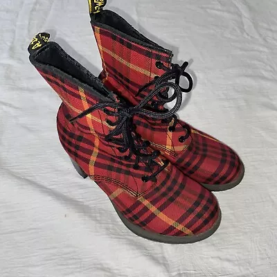 Dr Martens Darcie Red Tartan Canvas Red Heel Court Boots UK6 EU39 US 8 • £67.42