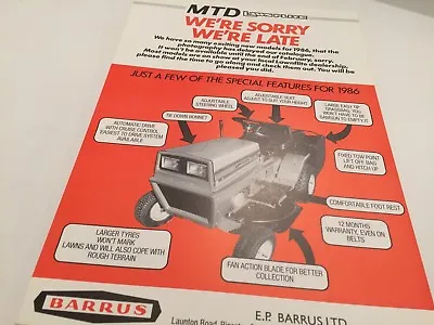 BARRUS MTD LawnFlite Mower Original 1986 Sales Brochure & 1985 Price List • £9