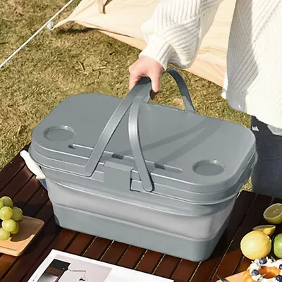 16L Collapsible Tub Bucket With Handle & Lid Camping Picnic Basket Cutting Board • £11.95