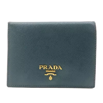 Authentic PRADA Logo Safiano Leather Folded Bi-Fold Wallet Blue 1MV204 Used F/S • $135