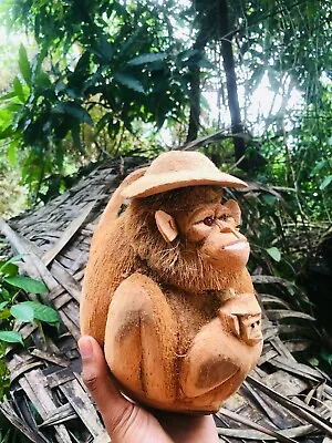 Handmade  Hand Carved Ceylon Coconut Husk Monkey And Baby Statue Home Décor Art • $38.99