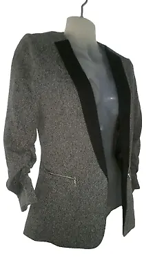 Zara Jacket Womens Size 36 Grey Mix Ruched Sleeve Zipped Pockets Blazer • £24.50