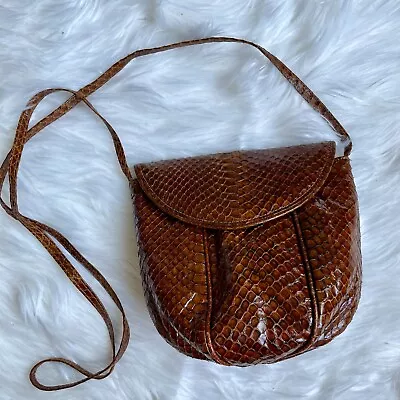 Vintage Brown Leather Snake Skin Shoulder Bag With Suede Lining • $22