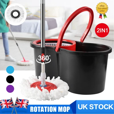 £10.89 • Buy 360° Rotating Magic Spin Floor Mop Bucket Set Microfibre With 2 Heads For Clean