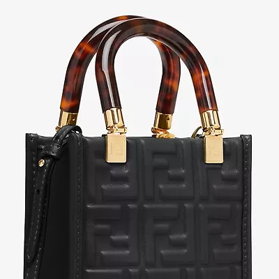 Fendi Mini Sunshine Shopper Black Leather W/ 3D FF Motif & Tortoiseshell Handles • £1526.52