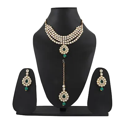 Indian Bollywood Fashion Kundan Gold Plated Green Bridal Jewelry Necklace Set • $21.78