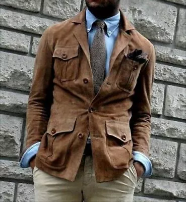 Men's Vintage Brown Suede Leather 4 Pocket Soft Pure Lambskin Jacket • $109.69