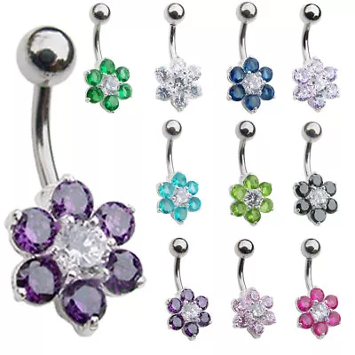 £7.95 • Buy Sterling Silver Flower Belly Bar 6mm 8mm 10mm 12mm 14mm Size