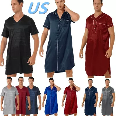 US Men Satin Nightshirt V Neck Short Sleeve Pajama Tops Robe Sleepwear Nightwear • $7.88