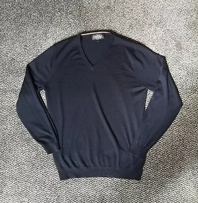 Mens Large Savile Row Company Navy Blue V Neck Sweater Jumper Pullover • £10.99