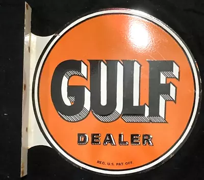 Vintage Art GULF DEALER PORCELAIN ENAMEL FLANGE SIGN Rare Advertising • $199