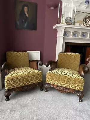 Pair Of Carved Edwardian Bergere Armchairs C.1910 • £300