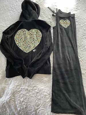 Victoria’s Secret Pink Velour Tracksuit Sequin Heart Hoodie Ladies Medium Small • $190