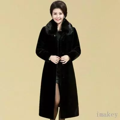 Chic Women Mid Long Trench Coat Faux Mink Fur Lapel Collar Business Casual Parka • $98.59