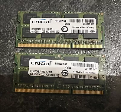 CRUCIAL 8gb (2X4GB) Ddr3 Laptop Ram 1333 (PC3 10600) • £8
