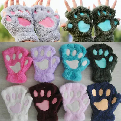 $4.75 • Buy Women Thick Plush Bear Paw Half-finger Gloves Female Warmer Knitted Rope Mittens