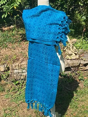 Fringed Rebozo Wrap Shawl Estambre Woven Pattern 6.2x2.2 Mexican Blue G8 • $19.90