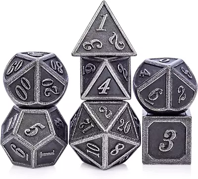 Acient Silver Metal DND Dice Set 7PCS D&D Metal Dice With Metal Case For Dungeo • $22.39