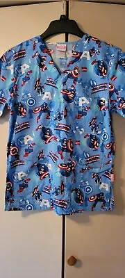 Scrub Top Shirt Womens Marvel Comics XS Captain America Short Sleeve Blue Cotton • $12.60