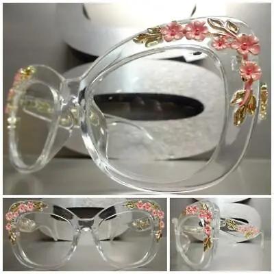 OVERSIZED RETRO CAT EYE Clear Lens EYE GLASSES Transparent Frame Floral Design • $29.99