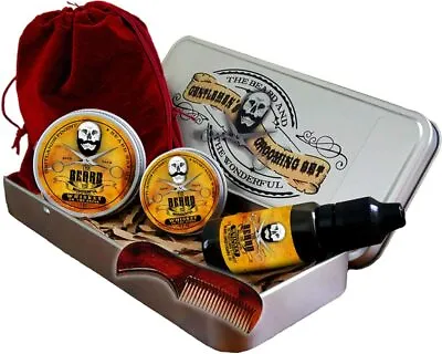 Men's Grooming Kit Beard Oil & Balm Moustache Wax Comb Bag 5pcs Tin Set Whiskey • $31.11