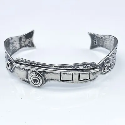 Vintage Estate Sterling Silver 925 Textured Abstract Fishing Cuff Bracelet 6  • $48