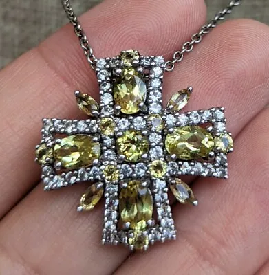 $120 • Buy Sterling Silver Designer Signed Citrine Gemstone Maltese Cross Pendant Necklace