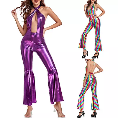 Womens 70s Disco Costume Shiny Clubwear Halter Jumpsuit Role-Playing Catsuit • £11.99