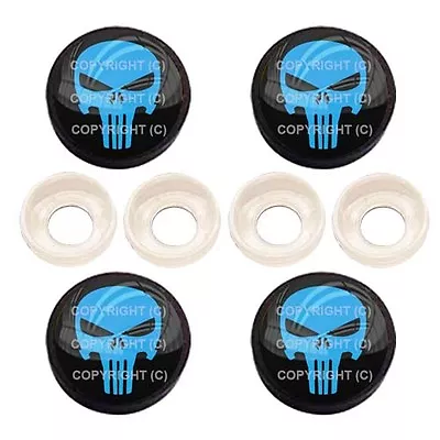 4 Black License Plate Frame Tag Screw Snap Cap Covers - PUNISH SKULL BC071 • $9.95