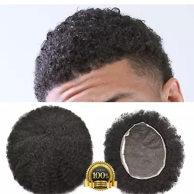 Mens Toupee Full Lace Afro African American Human Black Hair Piece Curly Wigs • $209