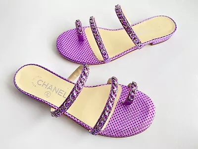 Chanel Pink Dots Leather Silver Chains Toe-ring Flats Sandals Flip Flops 36 • £560.45