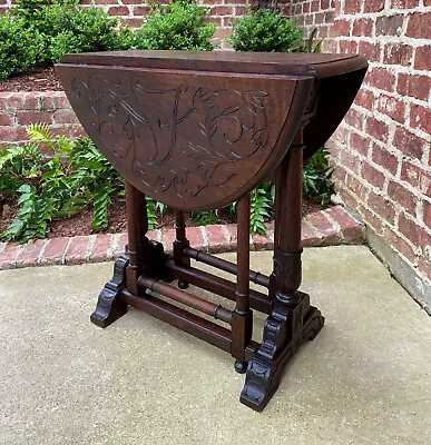 Antique English Table Drop Leaf Gateleg Turned Post Carved Top Trestle Base Oak • $1735