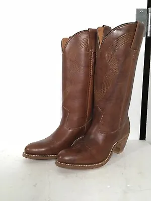 Vintage Double H Brown Leather Cowgirl Boots 7 B Stacked Heel Old Label • $199.99
