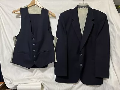 VINTAGE Johnny Carson 3 Piece Navy Suit Jacket Pants Vest Retro Mens 44 34x30.5 • $59.99