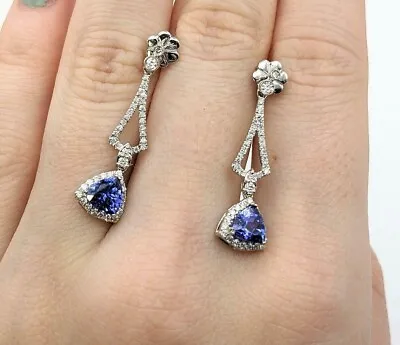 Fancy 2Ct Trillion Cut Tanzanite Halo Drop Dangle Earrings 14K White Gold Finish • $45