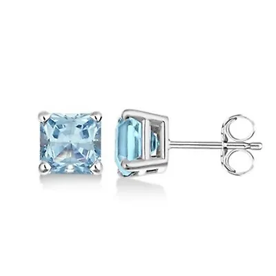 2 Ct. Aquamarine Princess Stud Earrings In Solid Sterling Silver ~ Gift Box • $44