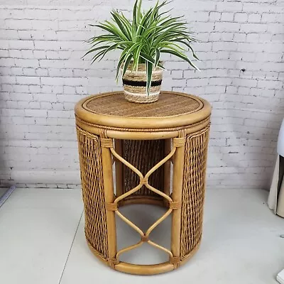 Vintage Bamboo Rattan Tiki Boho Round Side Table Plant Stand Cane Mid Century • £54.99