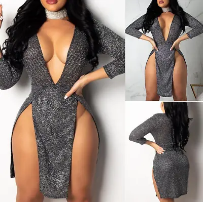 Sexy Women Sequin Deep V Bandage Bodycon Evening Party Cocktail Club Mini Dress • $10.99
