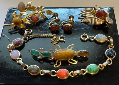 Scarab Egyptian Revival Vintage Lot Jewelry Bracelet Brooch Earrings Gold Filled • $28.95