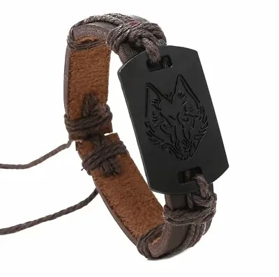 1pc Adjustable Leather Bracelet Wolf Viking Style Men Women Unisex Gift ~ Brown • $10