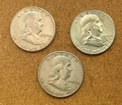 Lot Of 3 1954 PDS Circ. Franklin Half Dollar 90% Silver US Coin #4A FREE SHIP • $39.75