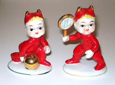 2 Cute Vintage Lefton Red Devil Pixie Elf Figurines Elves Sports Bowling Tennis • $44.95