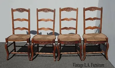 Set Of Four 4 French Country Farmhouse Brown Ladderback Rush Dining Room Chairs • $1250