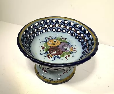 Handpainted Portugal Pottery Bowl Pierced Candy Dish Footed Compote Vintage Blue • $14.99