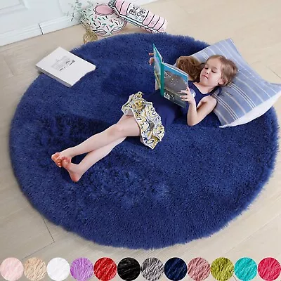 Navy Blue Fluffy Circle Rug For Bedroom 4'X4'  Furry Carpet For Teen's Room... • $24.16