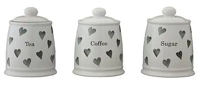 Set Of 3 Hearts Storage Jars Airtight Stoneware White & Grey Tea Coffee Sugar  • £24.99