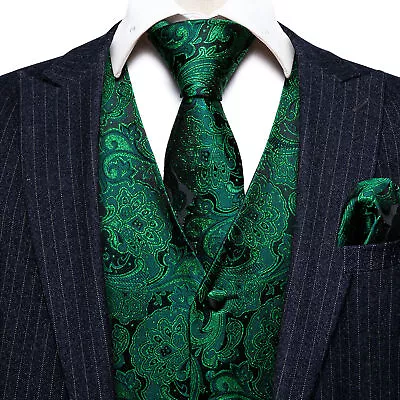 Mens Vest Suit Paisley Floral Waistcoat Blue Black Gold Silk Tie Set Jacket • $24.99